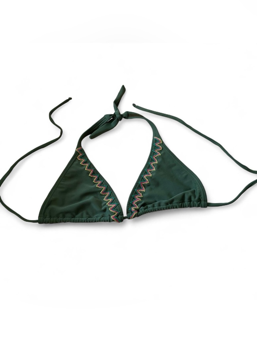 Vintage Y2K Green Triangle String Bikini Top Zigzag Embroidered Boho Festival